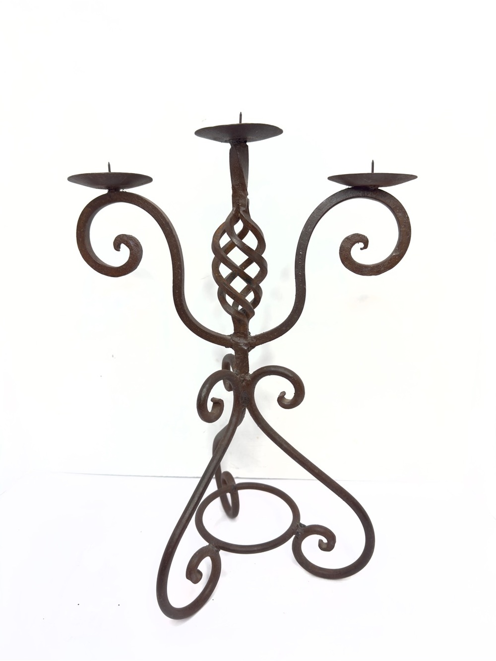 Vintage 18” Wrought Iron 3 Arm Candelabra Candle Holder Ornate Scroll Rustic